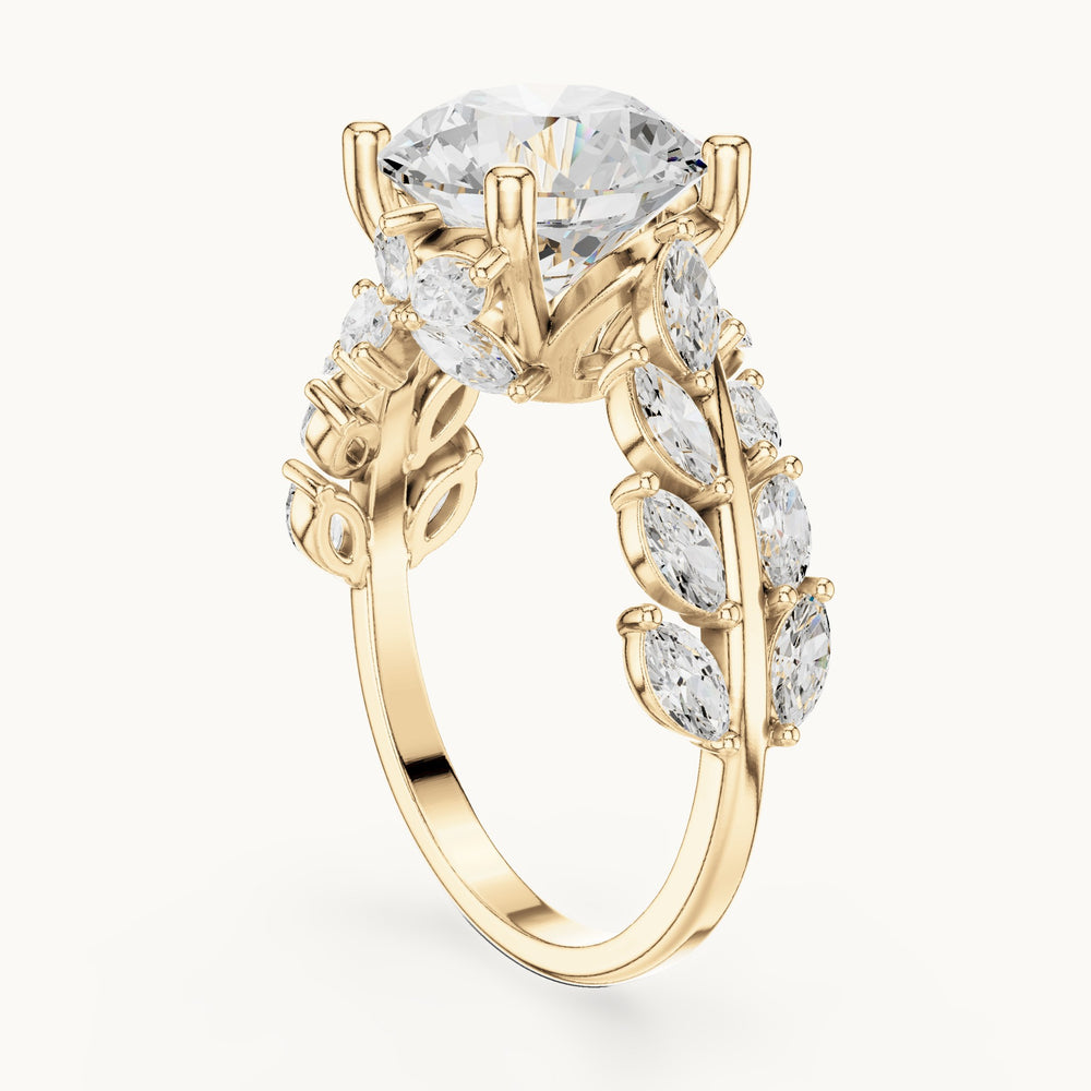 Round lab-grown diamond engagement ring with marquise vine band in yellow gold, 4.15 CT TW, view 1