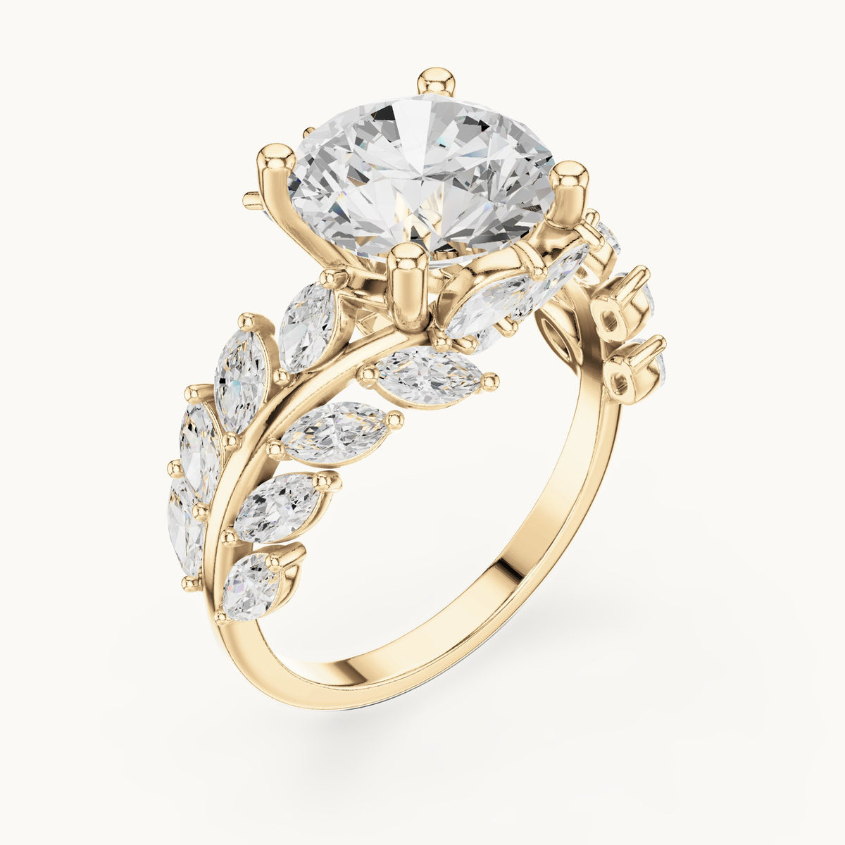 Round lab-grown diamond engagement ring with marquise vine band in yellow gold, 4.15 CT TW, view 2