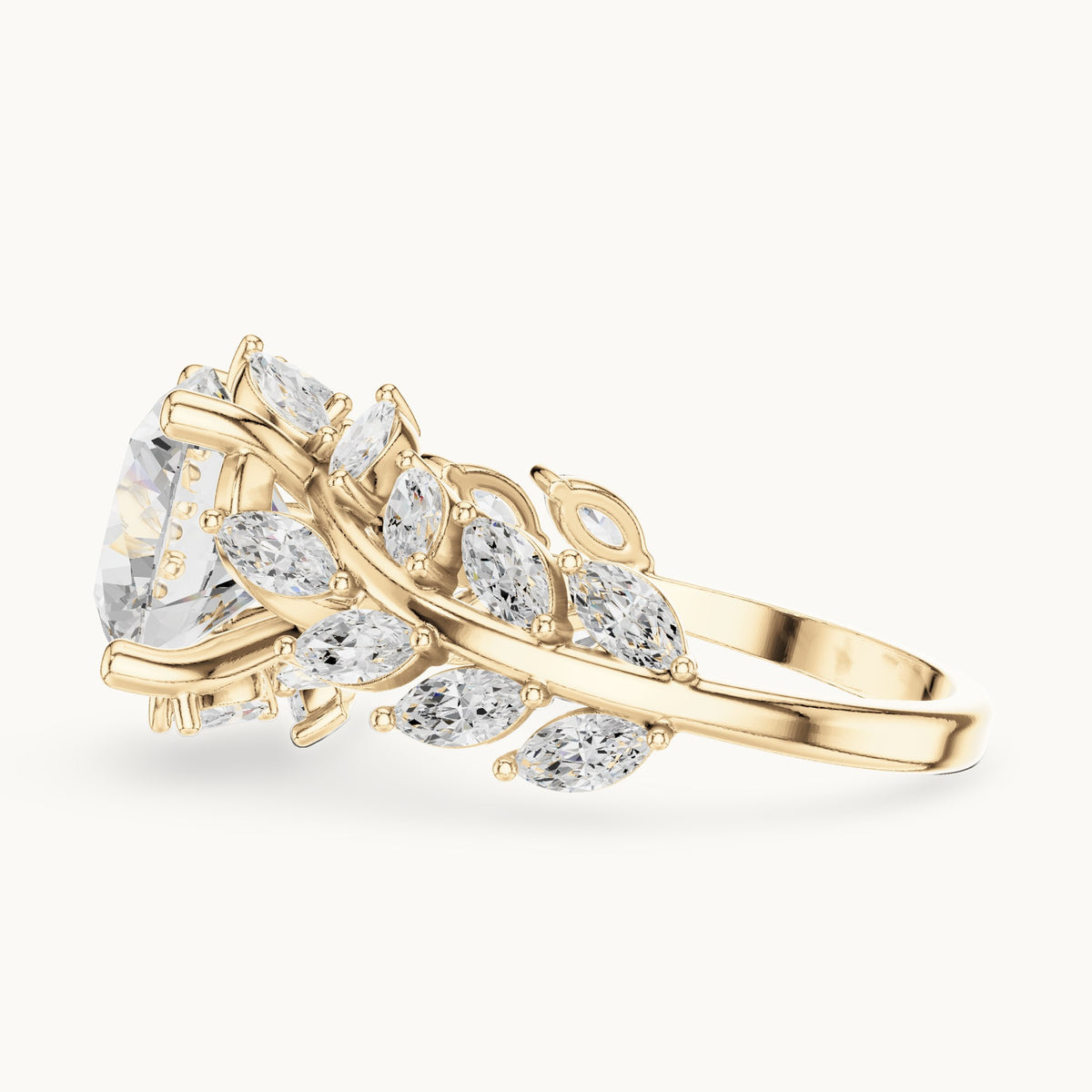 Round lab-grown diamond engagement ring with marquise vine band in yellow gold, 4.15 CT TW, view 3