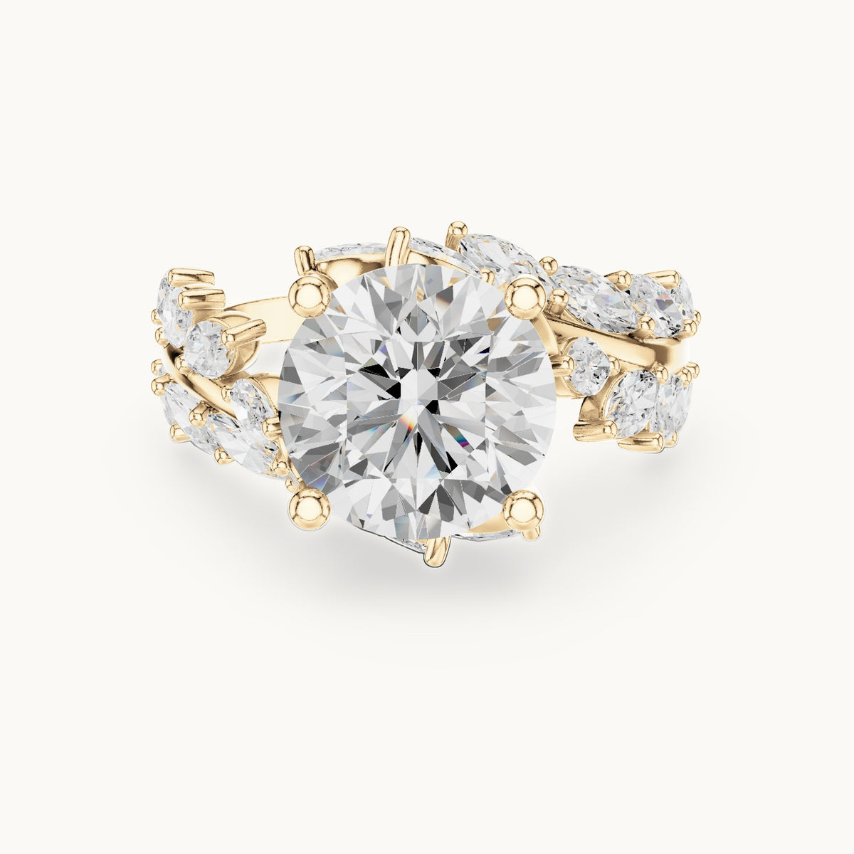 Round lab-grown diamond engagement ring with marquise vine band in yellow gold, 4.15 CT TW, view 4