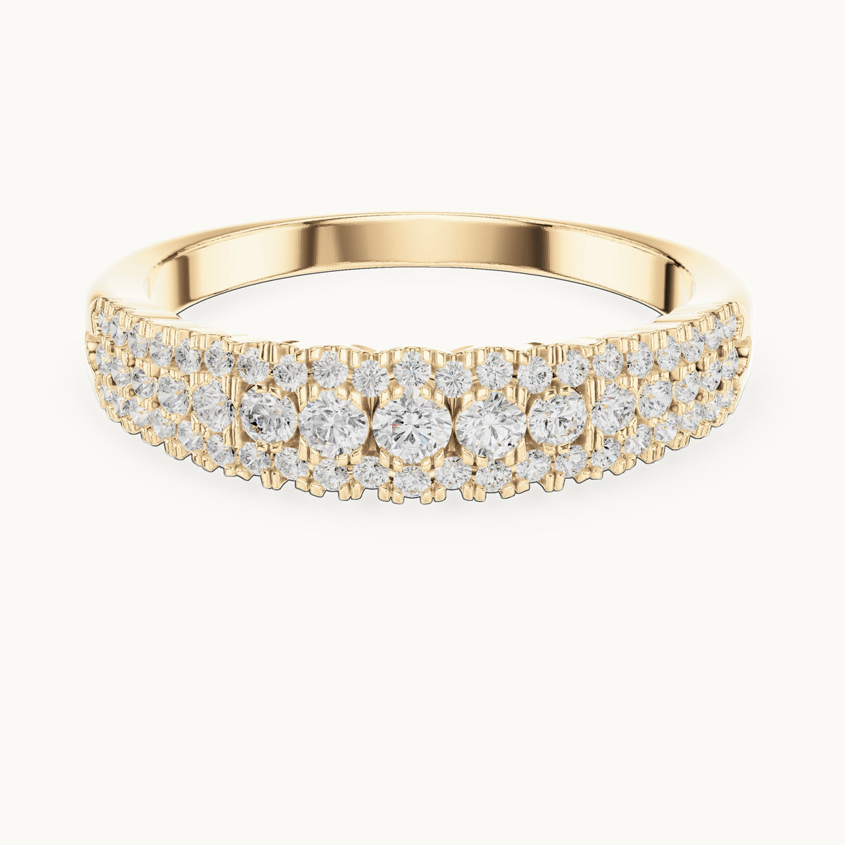 Round lab-grown diamond triple-row anniversary band in yellow gold, 0.43 CT TW, view 4