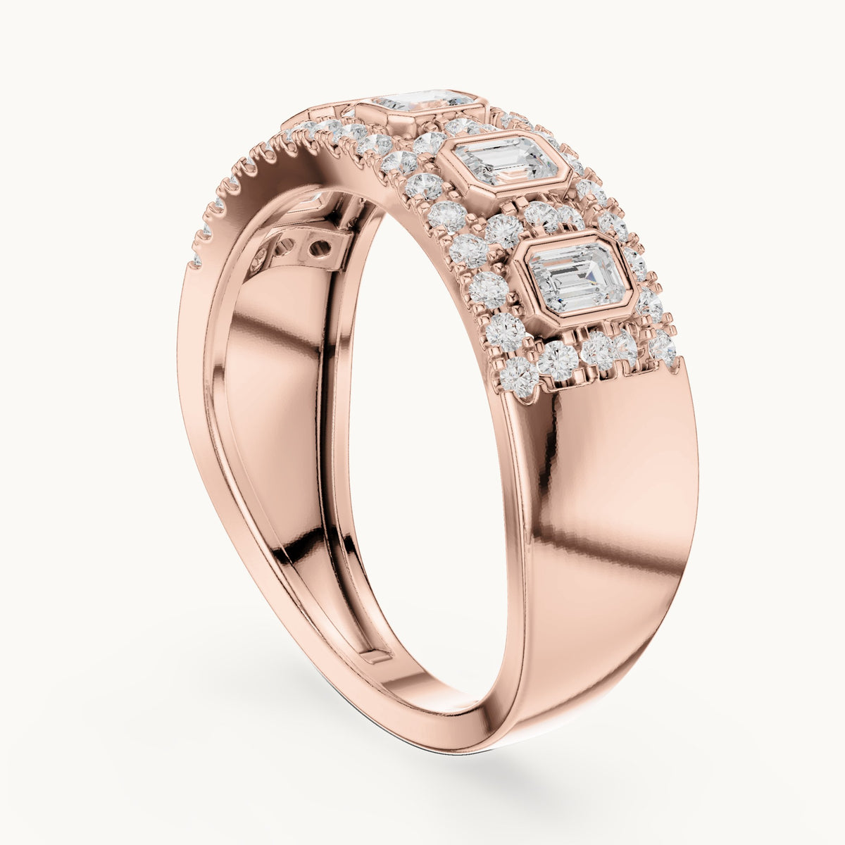 Round and emerald-cut lab-grown diamond wide bezel station pavé band ring in rose gold, 0.756 CT TW, view 1