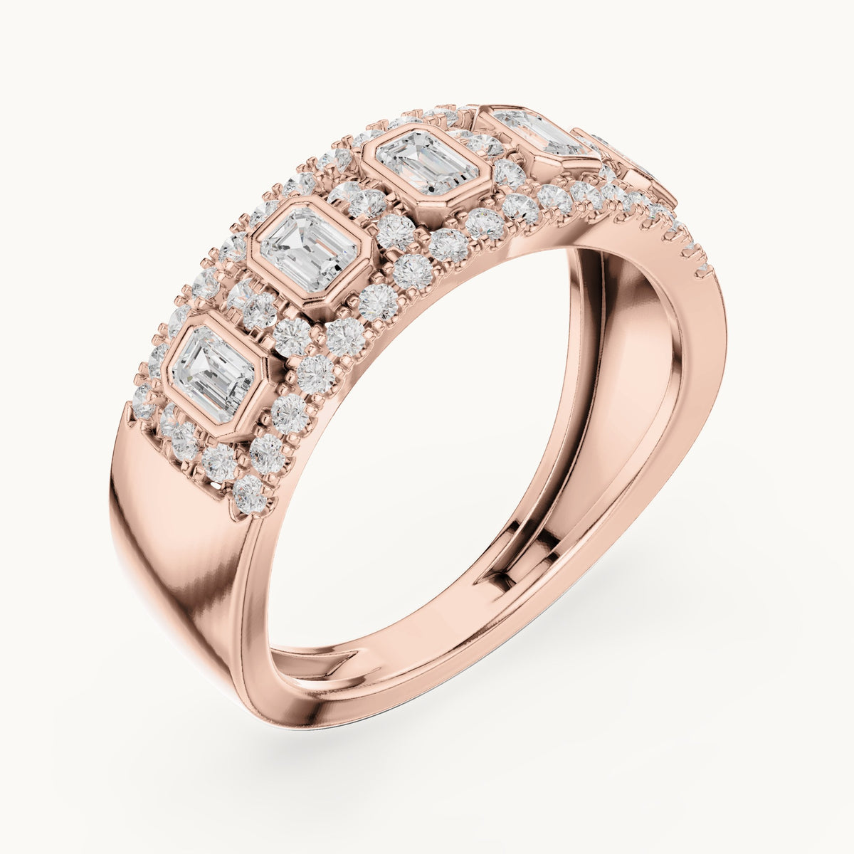 Round and emerald-cut lab-grown diamond wide bezel station pavé band ring in rose gold, 0.756 CT TW, view 2