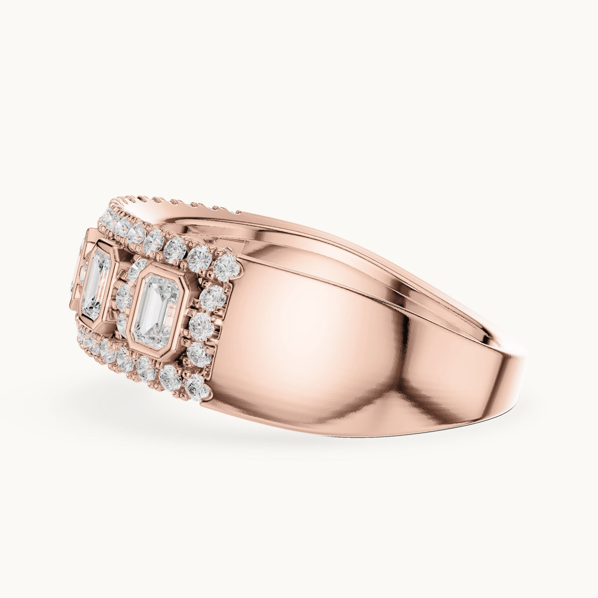 Round and emerald-cut lab-grown diamond wide bezel station pavé band ring in rose gold, 0.756 CT TW, view 3