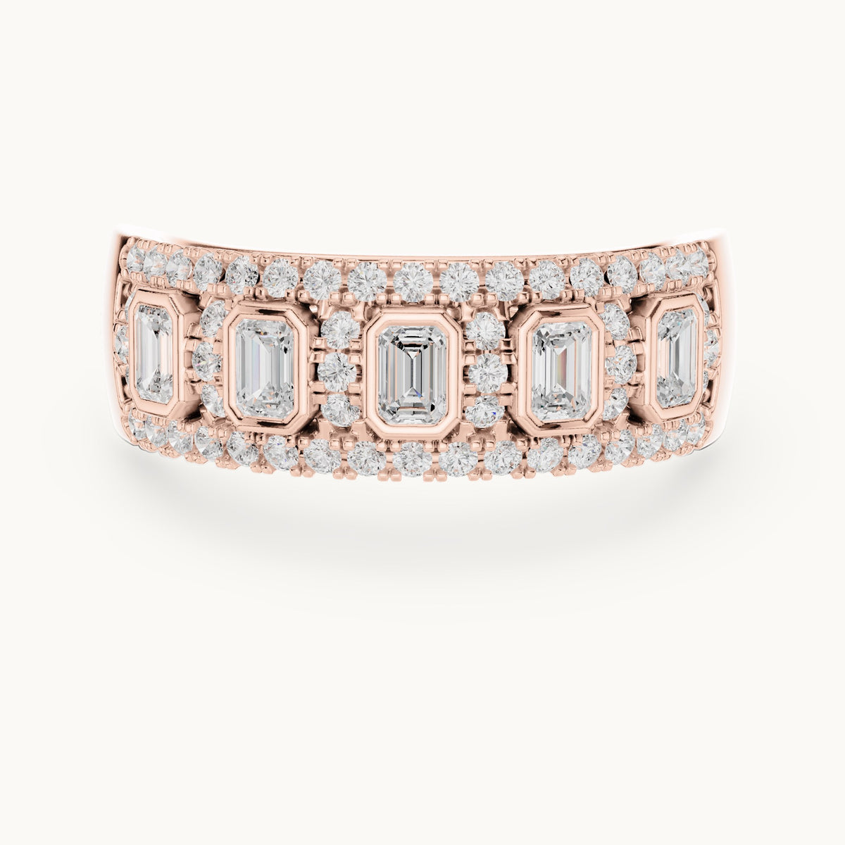 Round and emerald-cut lab-grown diamond wide bezel station pavé band ring in rose gold, 0.756 CT TW, view 4