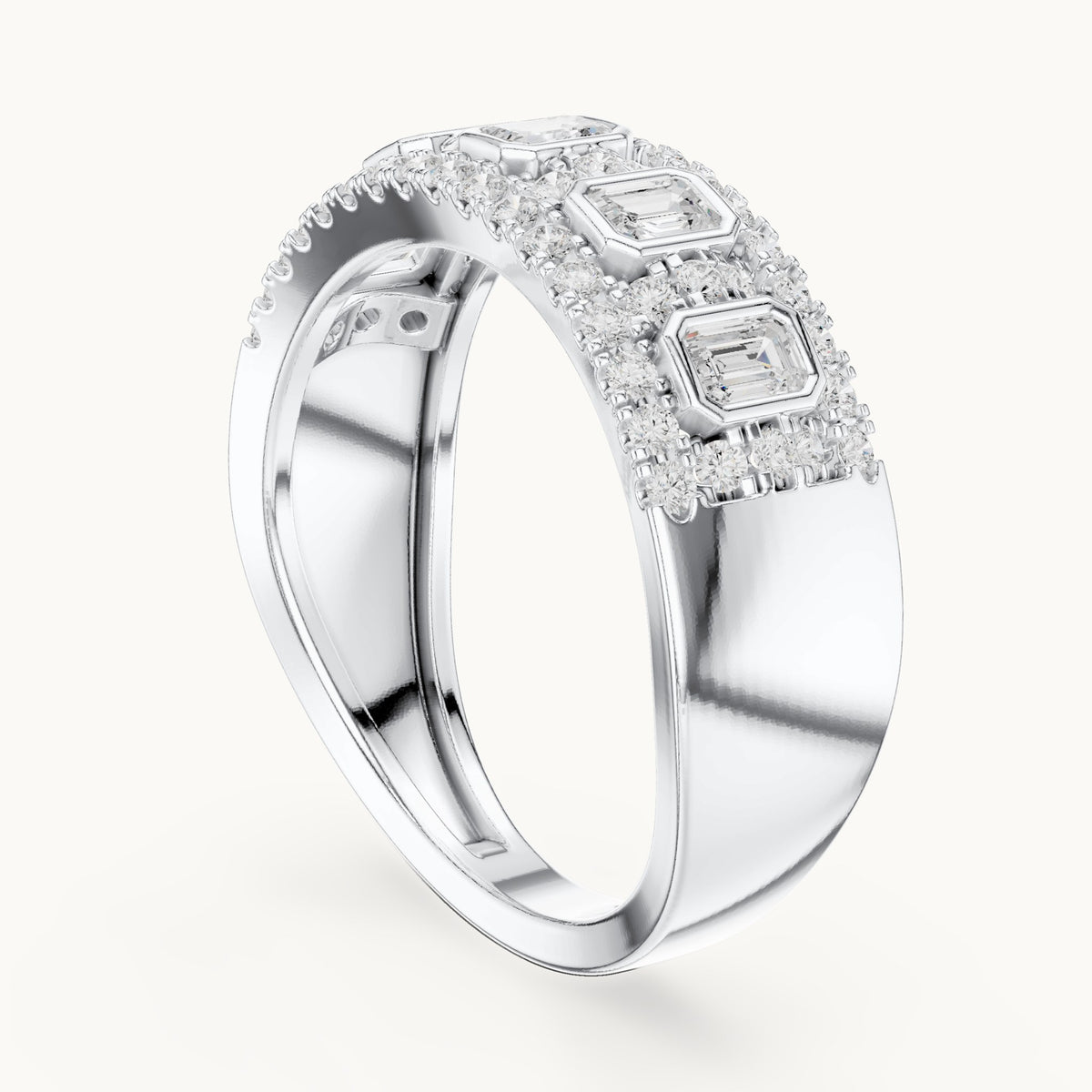 Round and emerald-cut lab-grown diamond wide bezel station pavé band ring in white gold, 0.756 CT TW, view 1