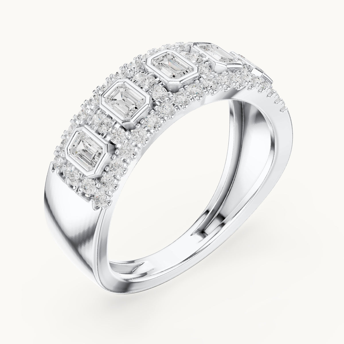 Round and emerald-cut lab-grown diamond wide bezel station pavé band ring in white gold, 0.756 CT TW, view 2