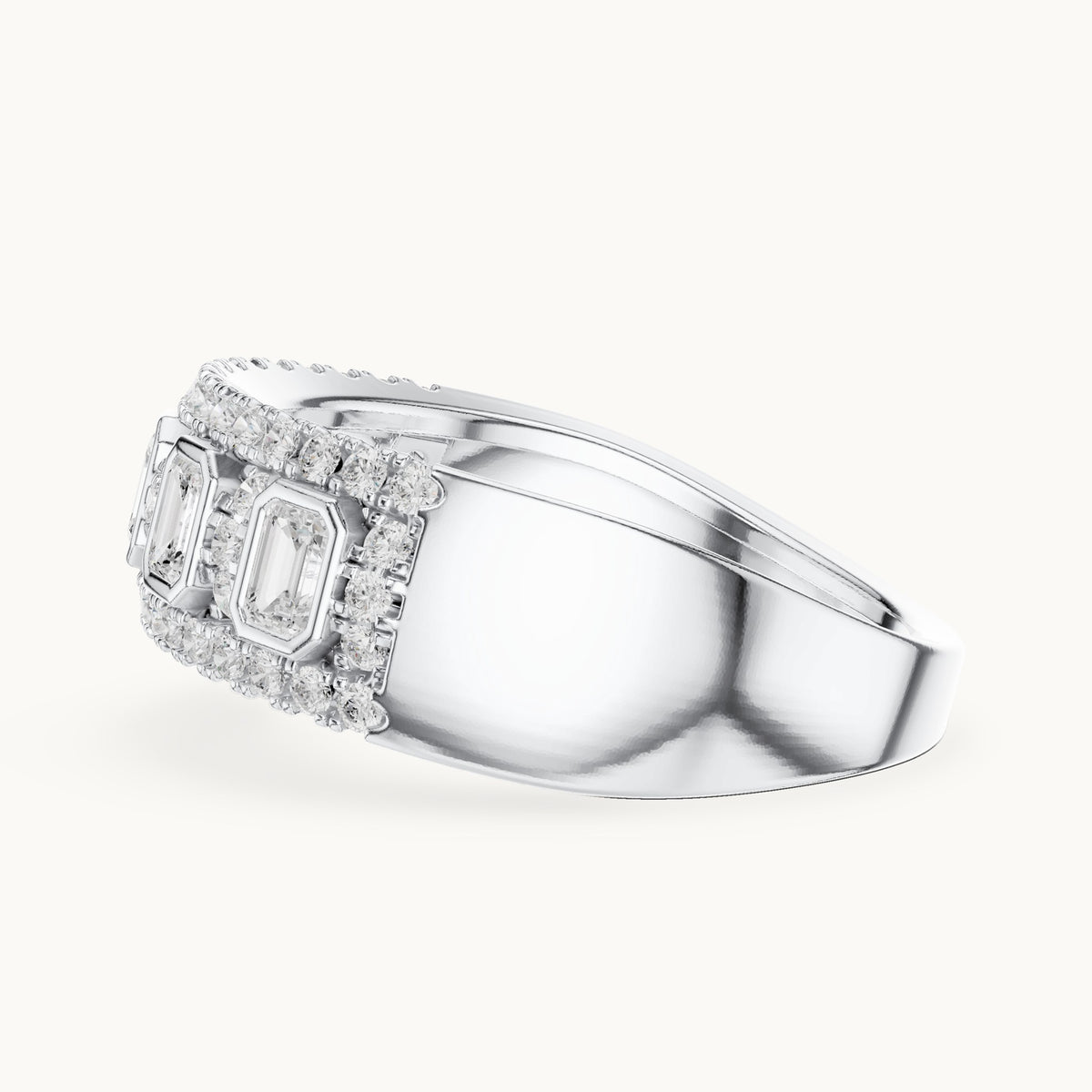 Round and emerald-cut lab-grown diamond wide bezel station pavé band ring in white gold, 0.756 CT TW, view 3