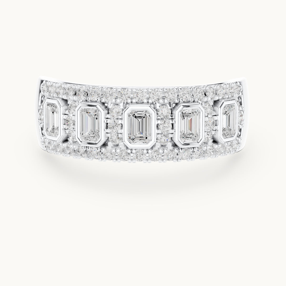Round and emerald-cut lab-grown diamond wide bezel station pavé band ring in white gold, 0.756 CT TW, view 4