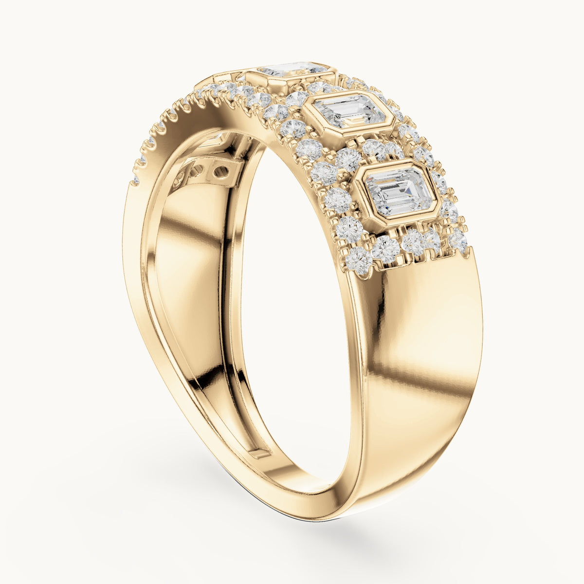 Round and emerald-cut lab-grown diamond wide bezel station pavé band ring in yellow gold, 0.756 CT TW, view 1