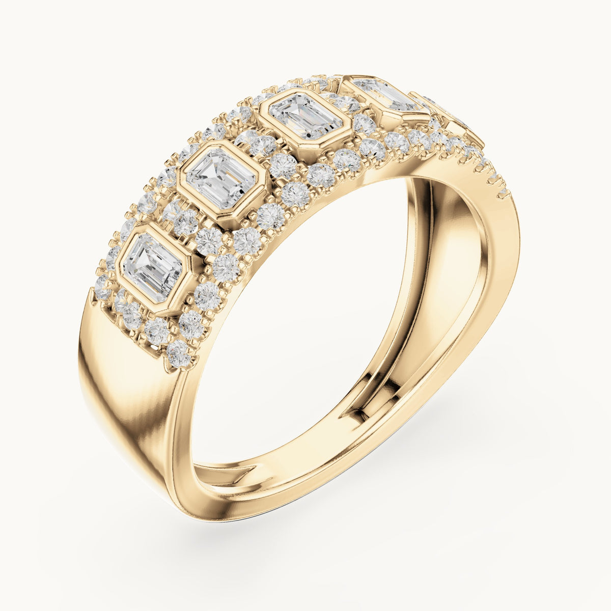 Round and emerald-cut lab-grown diamond wide bezel station pavé band ring in yellow gold, 0.756 CT TW, view 2