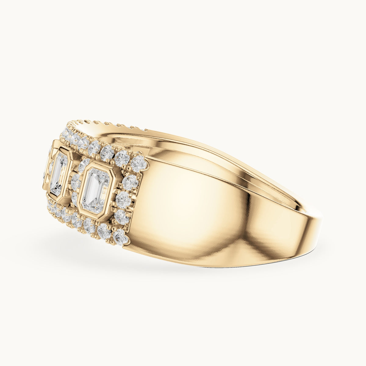 Round and emerald-cut lab-grown diamond wide bezel station pavé band ring in yellow gold, 0.756 CT TW, view 3