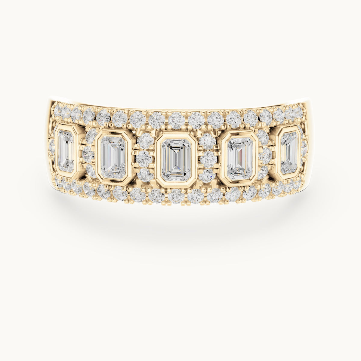 Round and emerald-cut lab-grown diamond wide bezel station pavé band ring in yellow gold, 0.756 CT TW, view 4
