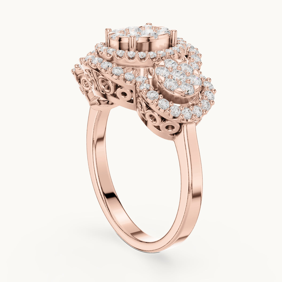 Round lab-grown diamond three-cluster halo ring in rose gold, 1.07 CT TW, view 1