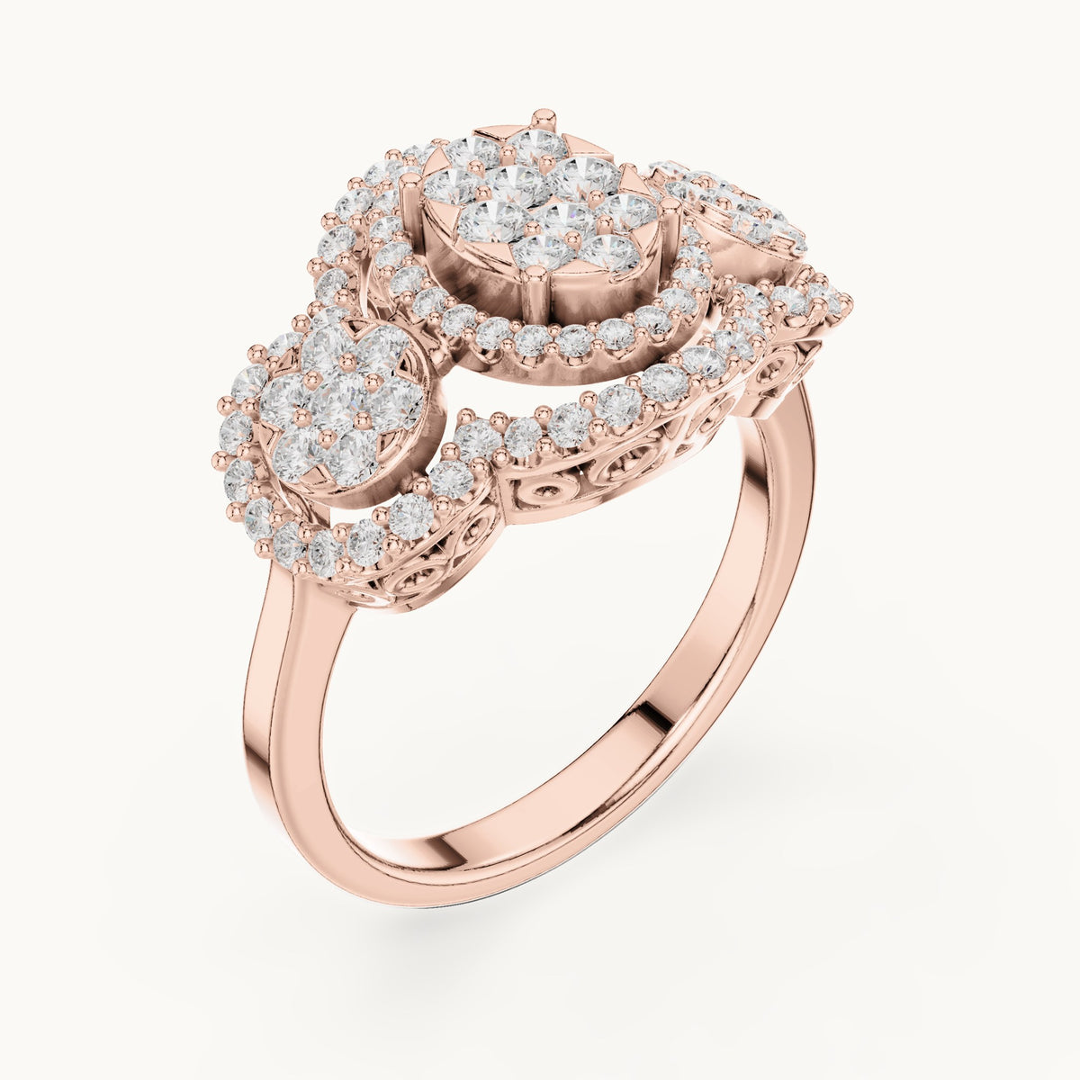 Round lab-grown diamond three-cluster halo ring in rose gold, 1.07 CT TW, view 2