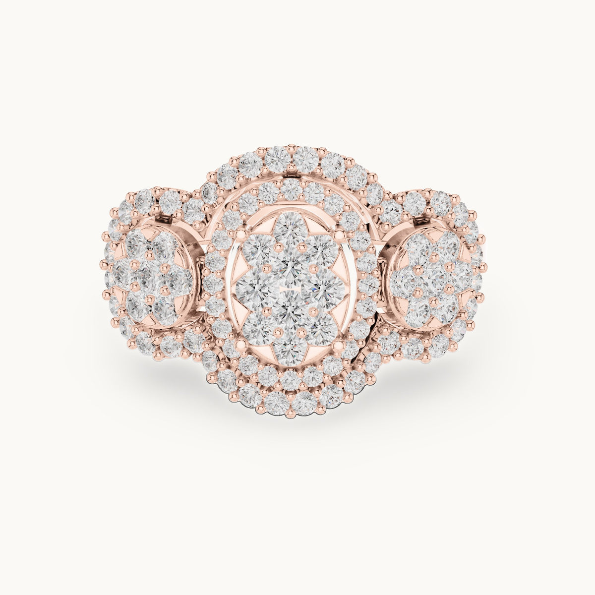 Round lab-grown diamond three-cluster halo ring in rose gold, 1.07 CT TW, view 4