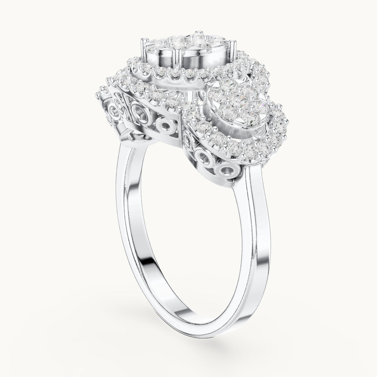 Round lab-grown diamond three-cluster halo ring in white gold, 1.07 CT TW, view 1