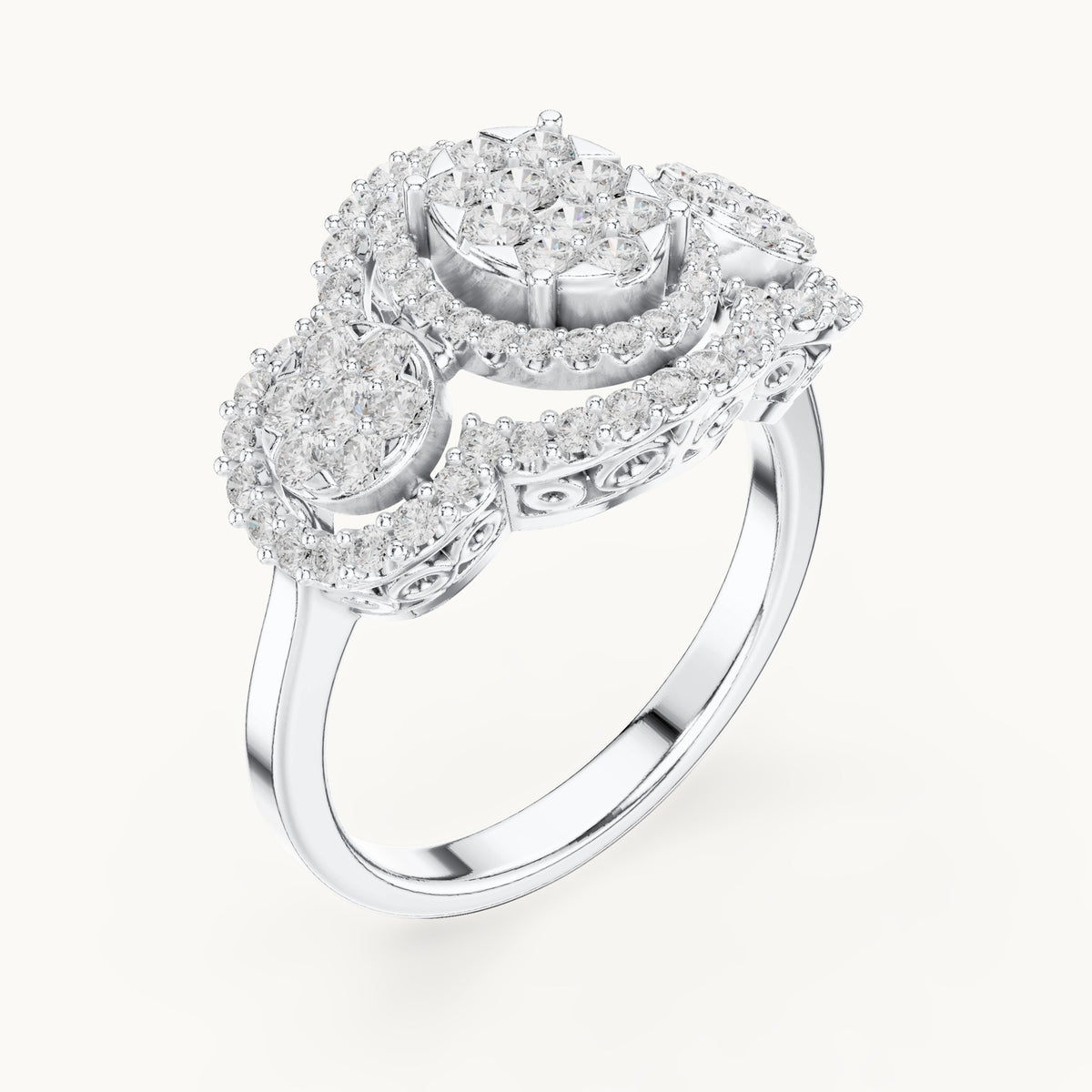 Round lab-grown diamond three-cluster halo ring in white gold, 1.07 CT TW, view 2
