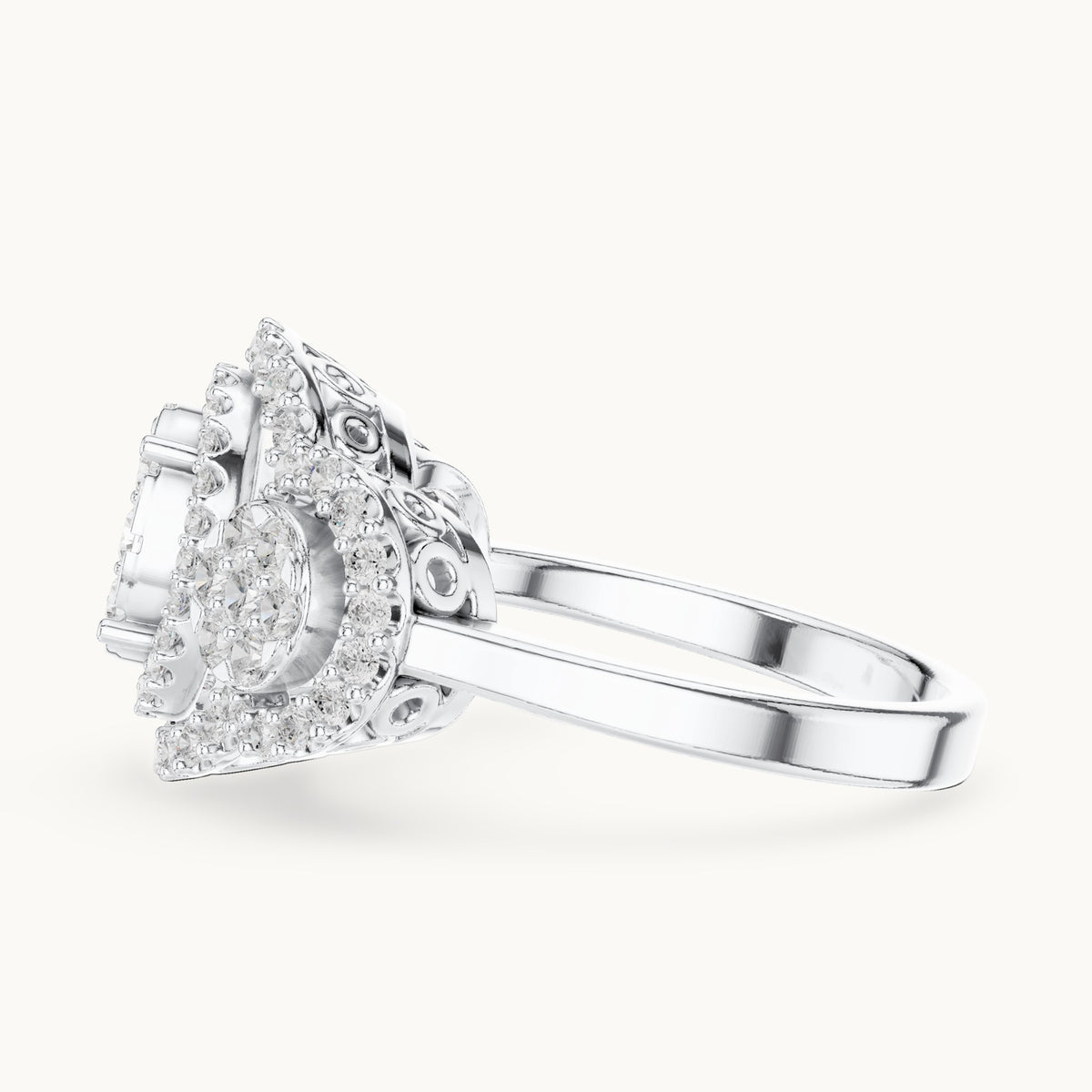 Round lab-grown diamond three-cluster halo ring in white gold, 1.07 CT TW, view 3