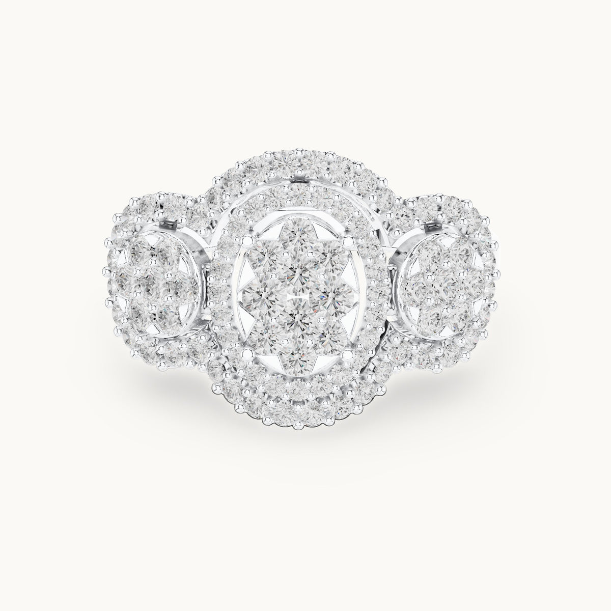 Round lab-grown diamond three-cluster halo ring in white gold, 1.07 CT TW, view 4