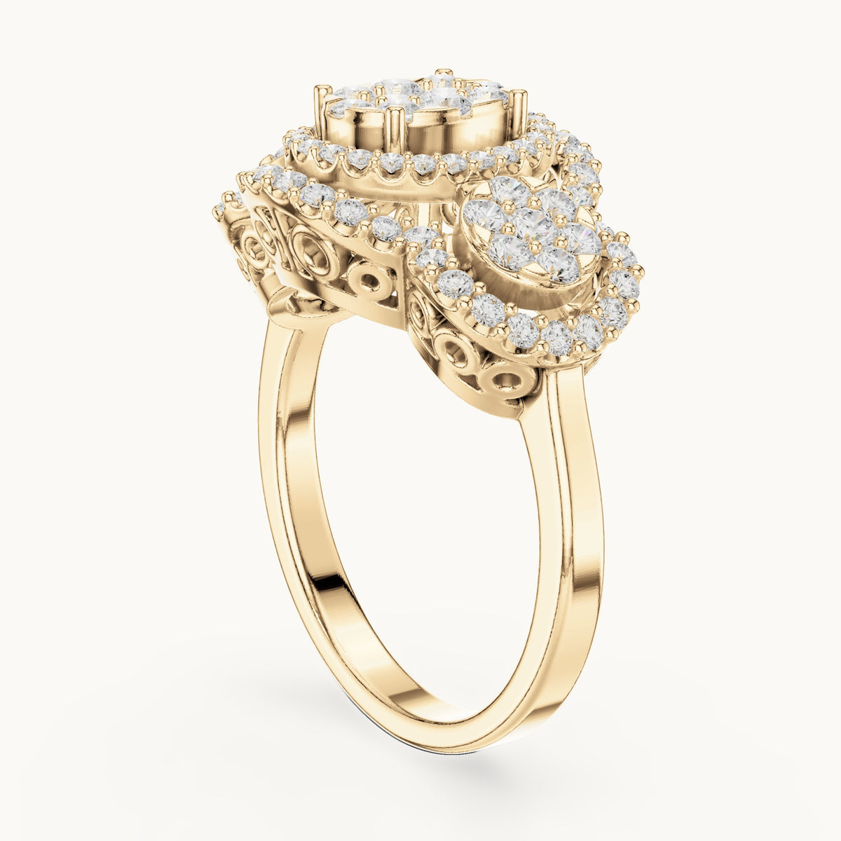Round lab-grown diamond three-cluster halo ring in yellow gold, 1.07 CT TW, view 1