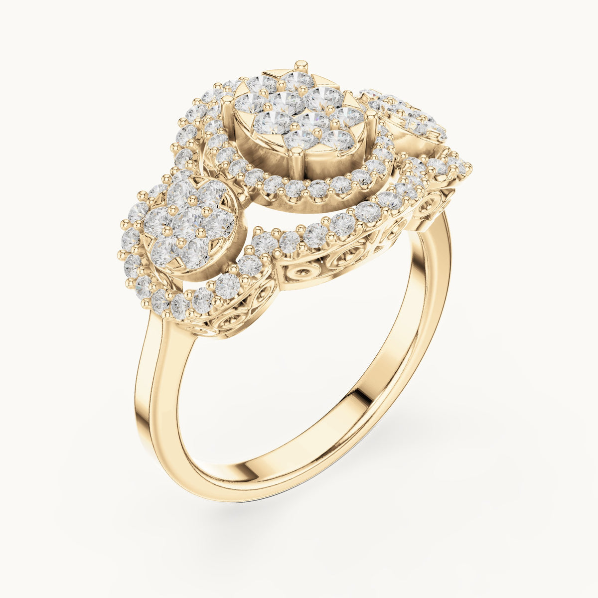 Round lab-grown diamond three-cluster halo ring in yellow gold, 1.07 CT TW, view 2