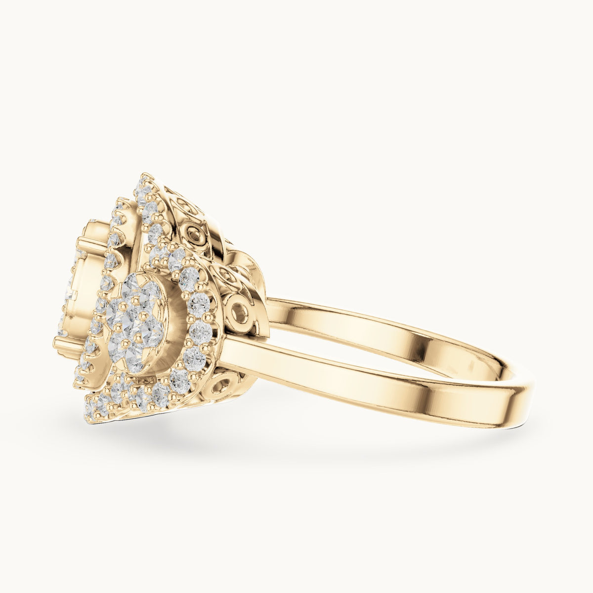 Round lab-grown diamond three-cluster halo ring in yellow gold, 1.07 CT TW, view 3