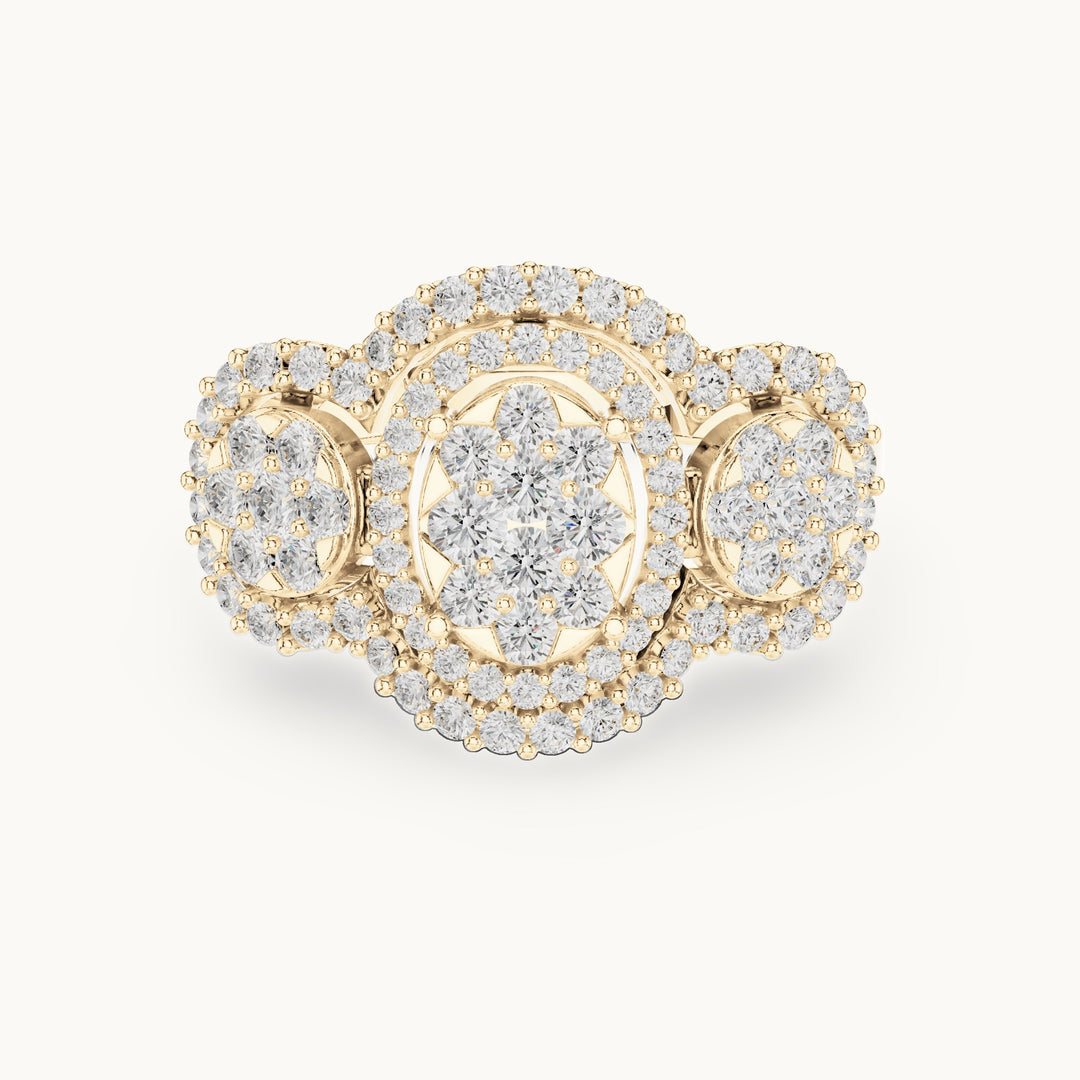Round lab-grown diamond three-cluster halo ring in yellow gold, 1.07 CT TW, view 4