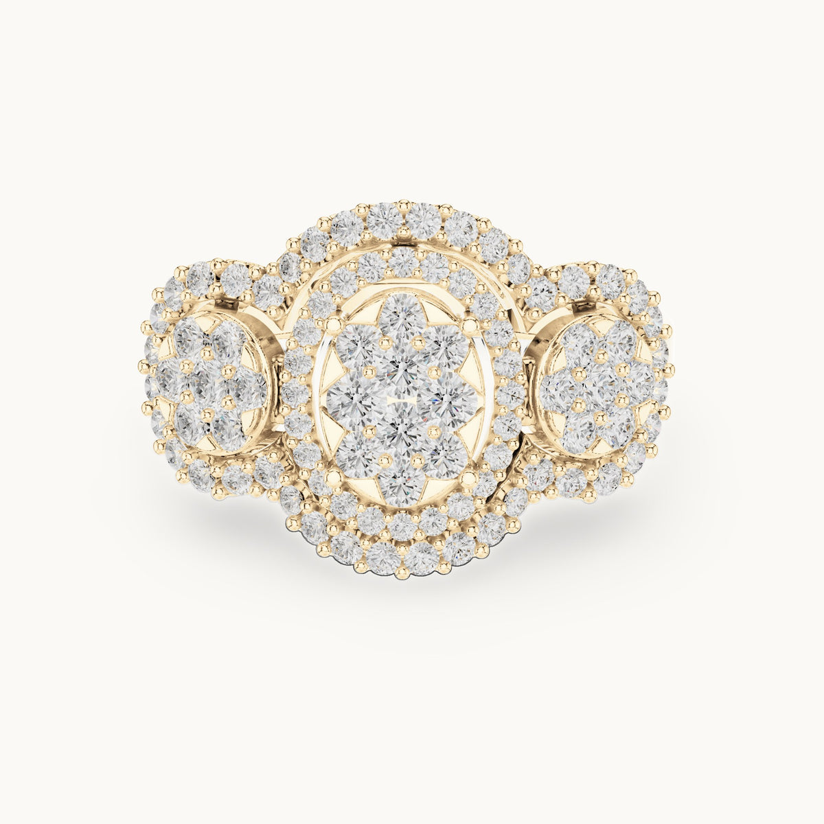 Round lab-grown diamond three-cluster halo ring in yellow gold, 1.07 CT TW, view 4