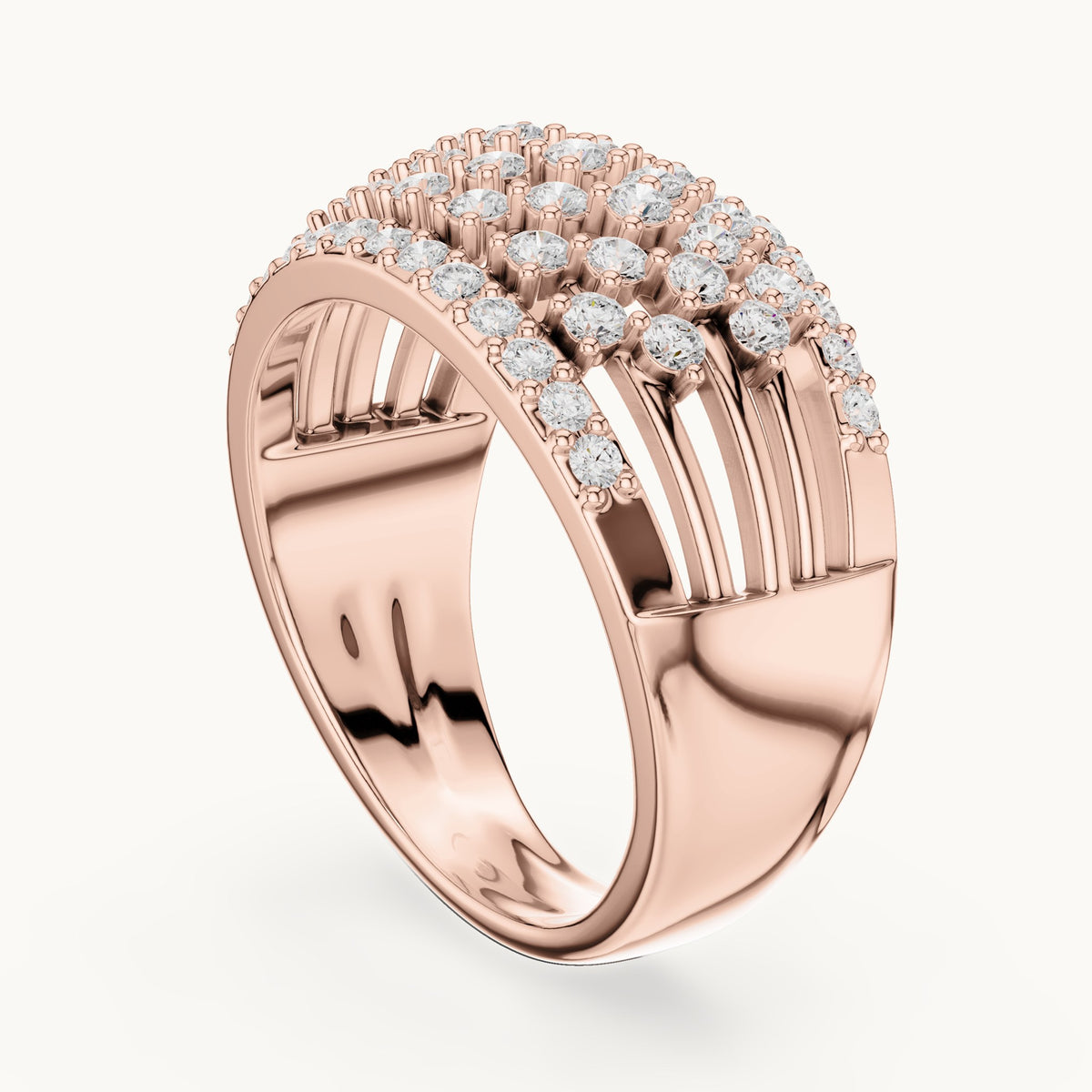 Round lab-grown diamond wide lattice pavé dome ring in rose gold, 0.888 CT TW, view 1