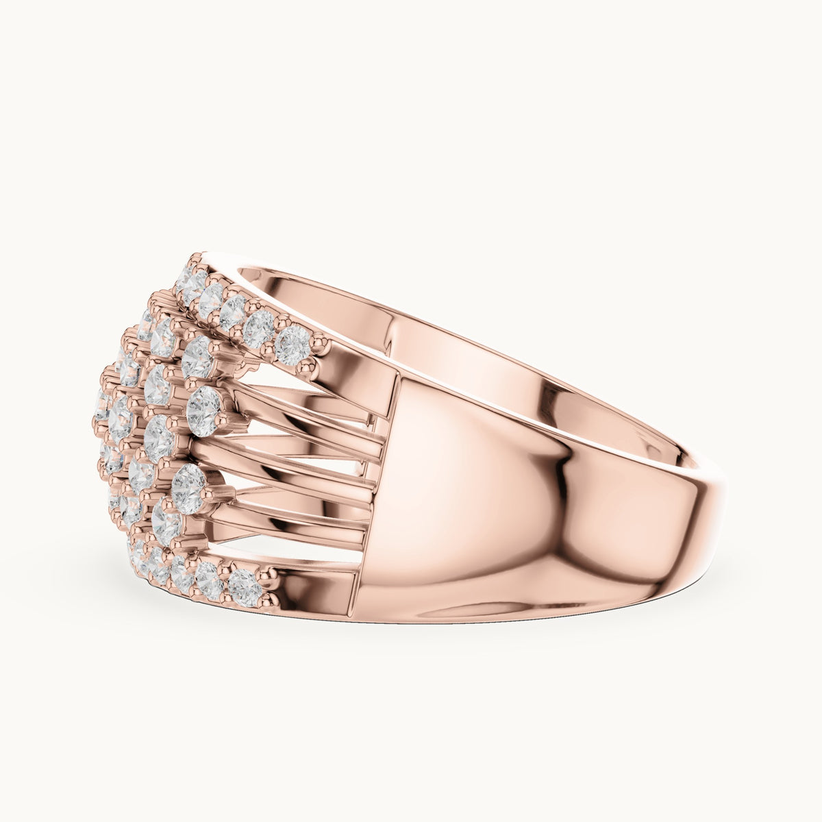 Round lab-grown diamond wide lattice pavé dome ring in rose gold, 0.888 CT TW, view 3