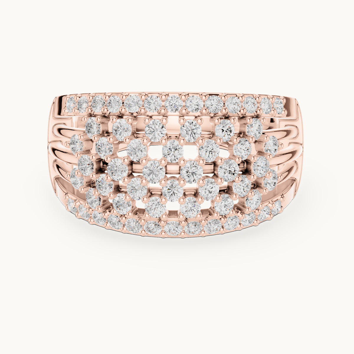 Round lab-grown diamond wide lattice pavé dome ring in rose gold, 0.888 CT TW, view 4