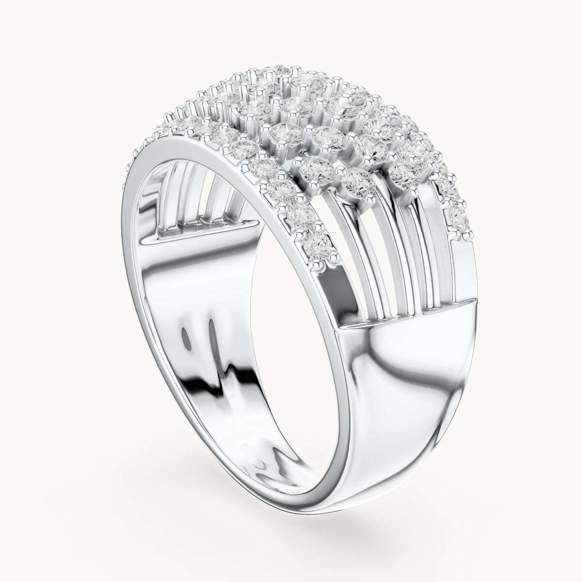 Round lab-grown diamond wide lattice pavé dome ring in white gold, 0.888 CT TW, view 1