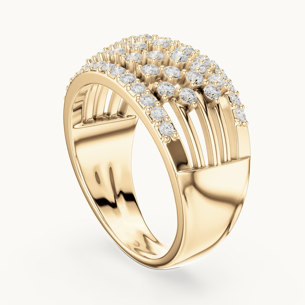 Round lab-grown diamond wide lattice pavé dome ring in yellow gold, 0.888 CT TW, view 1