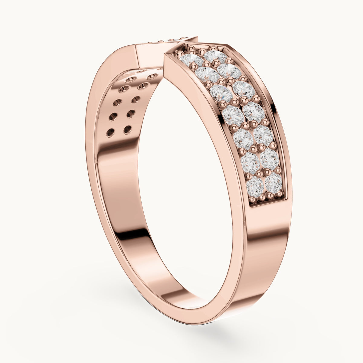 Round lab-grown diamond double row pavé v-notch ring in rose gold, 0.50 CT TW, view 1