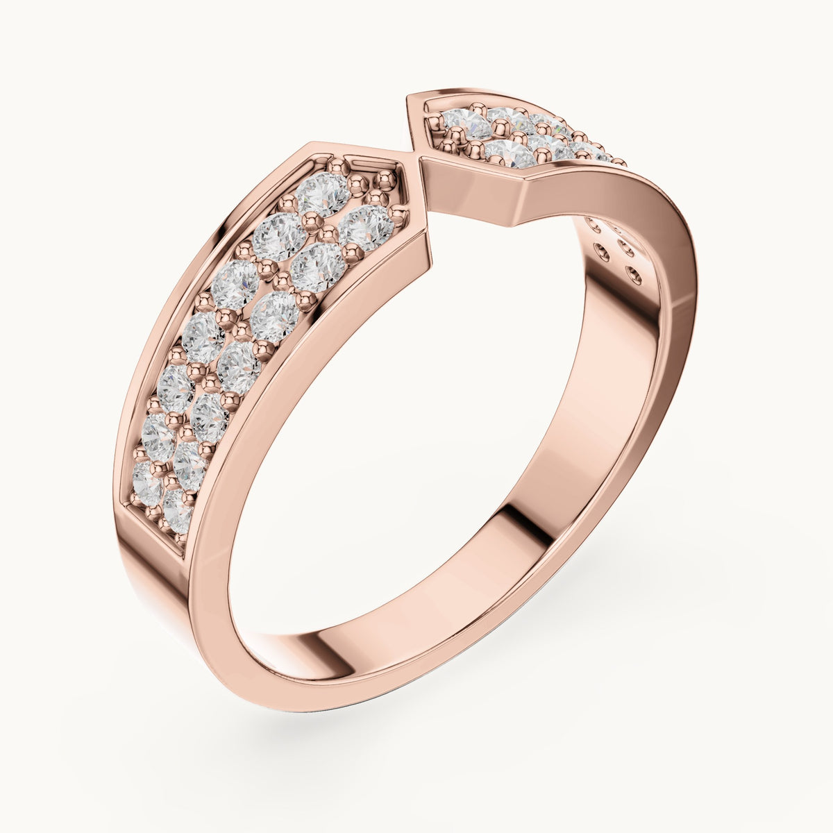 Round lab-grown diamond double row pavé v-notch ring in rose gold, 0.50 CT TW, view 2