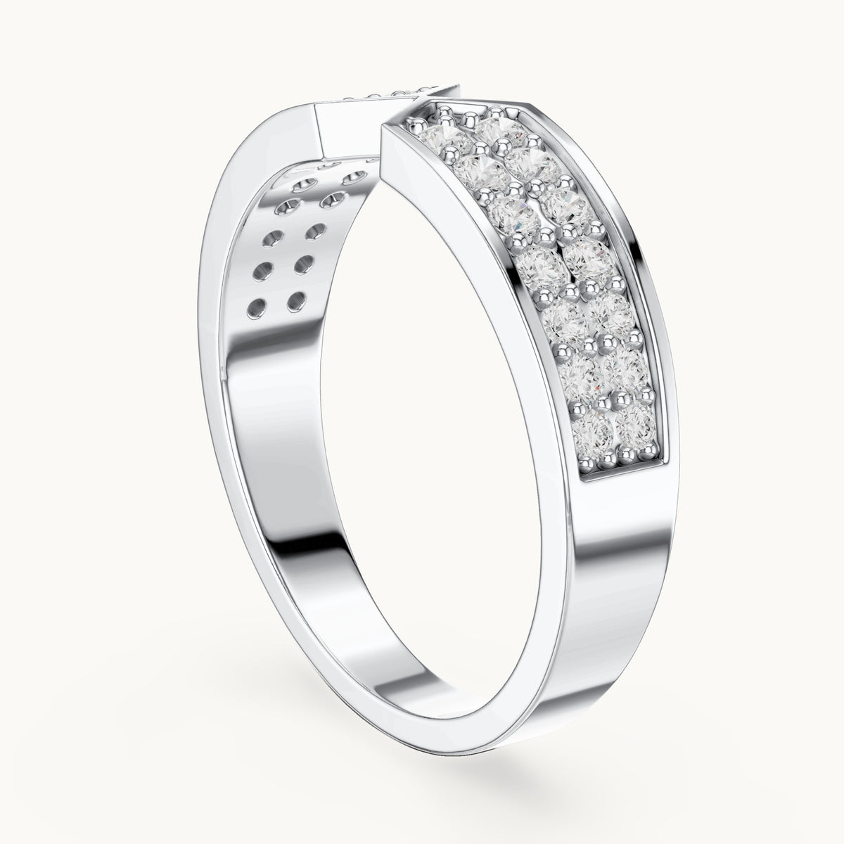 Round lab-grown diamond double row pavé v-notch ring in white gold, 0.50 CT TW, view 1