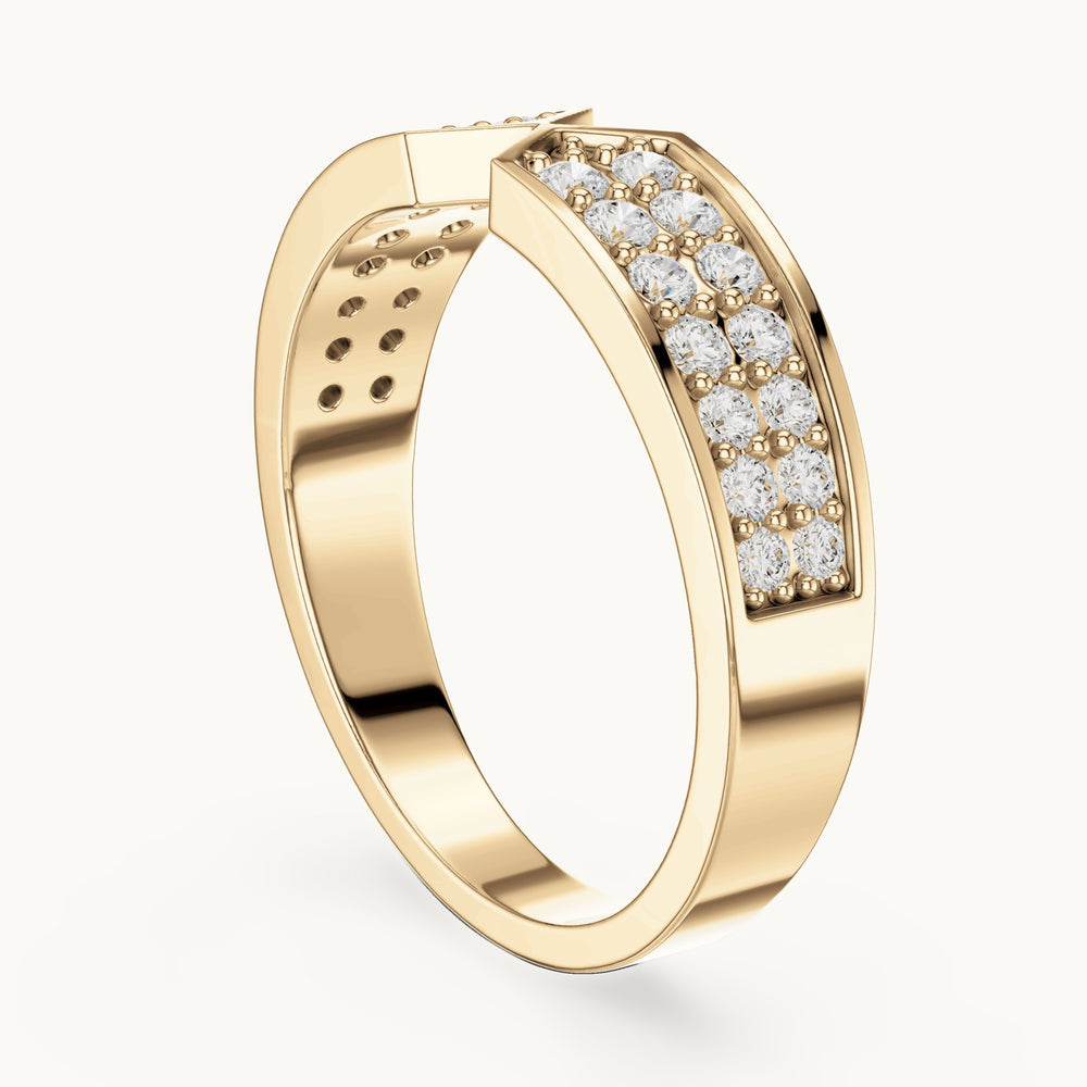 Round lab-grown diamond double row pavé v-notch ring in yellow gold, 0.50 CT TW, view 1