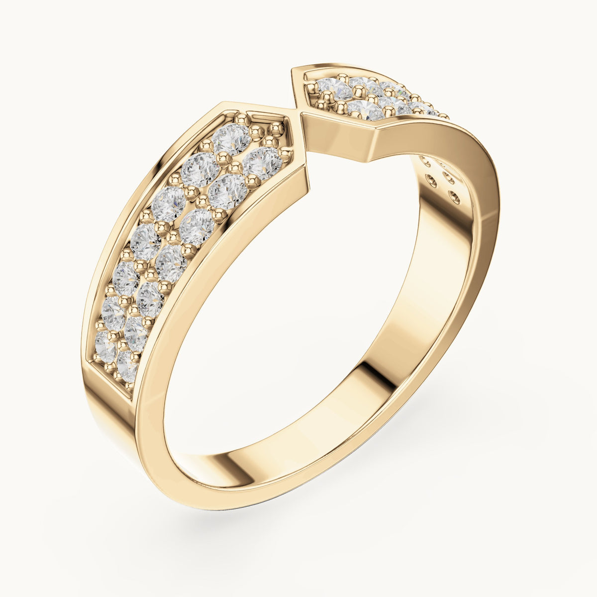 Round lab-grown diamond double row pavé v-notch ring in yellow gold, 0.50 CT TW, view 2