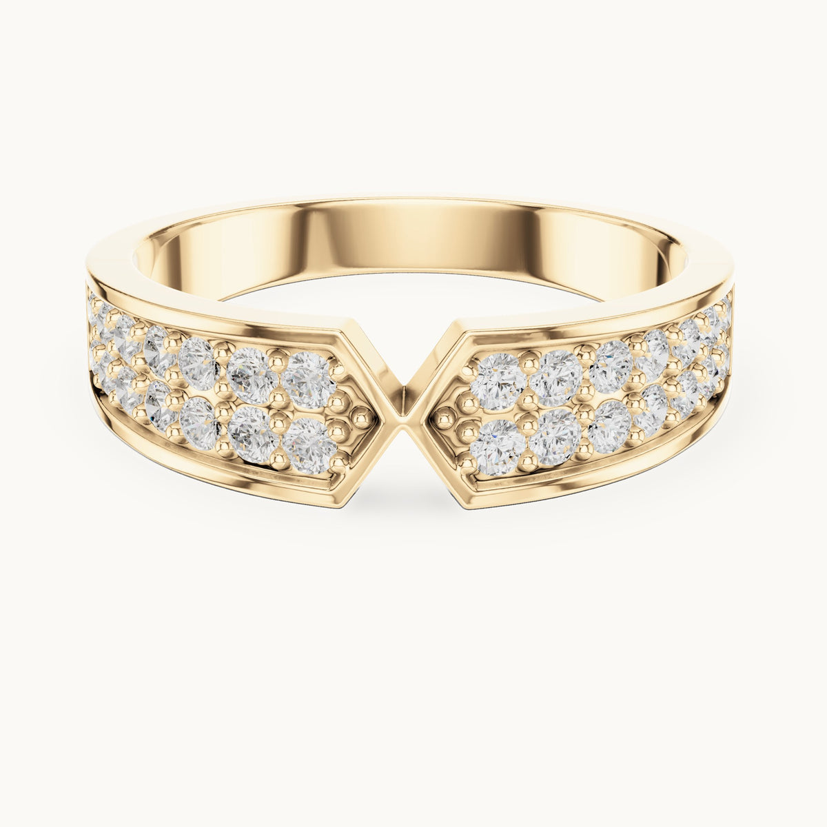 Round lab-grown diamond double row pavé v-notch ring in yellow gold, 0.50 CT TW, view 4