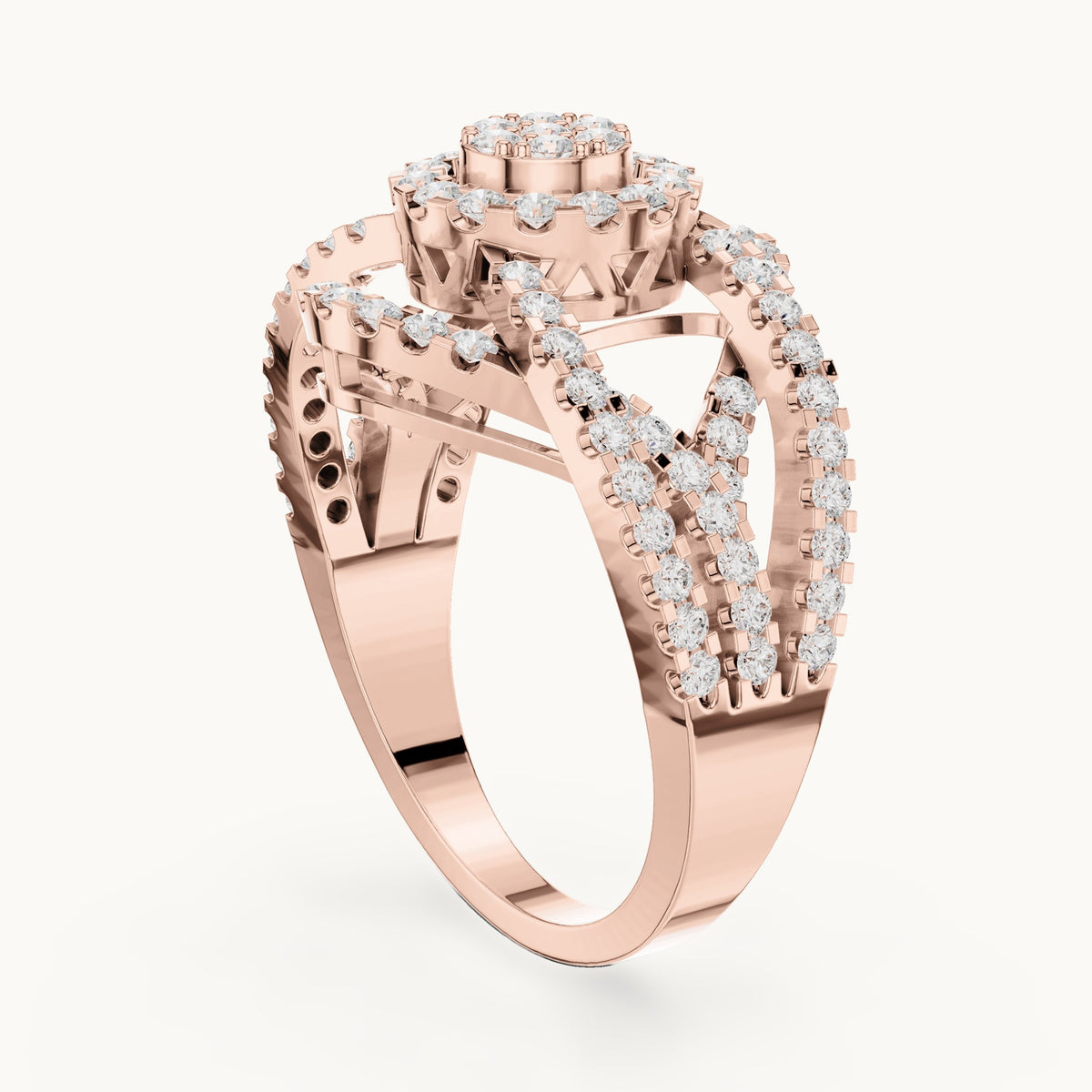 Round lab-grown diamond cluster halo ring with open split shank in rose gold, 1.05 CT TW, view 1