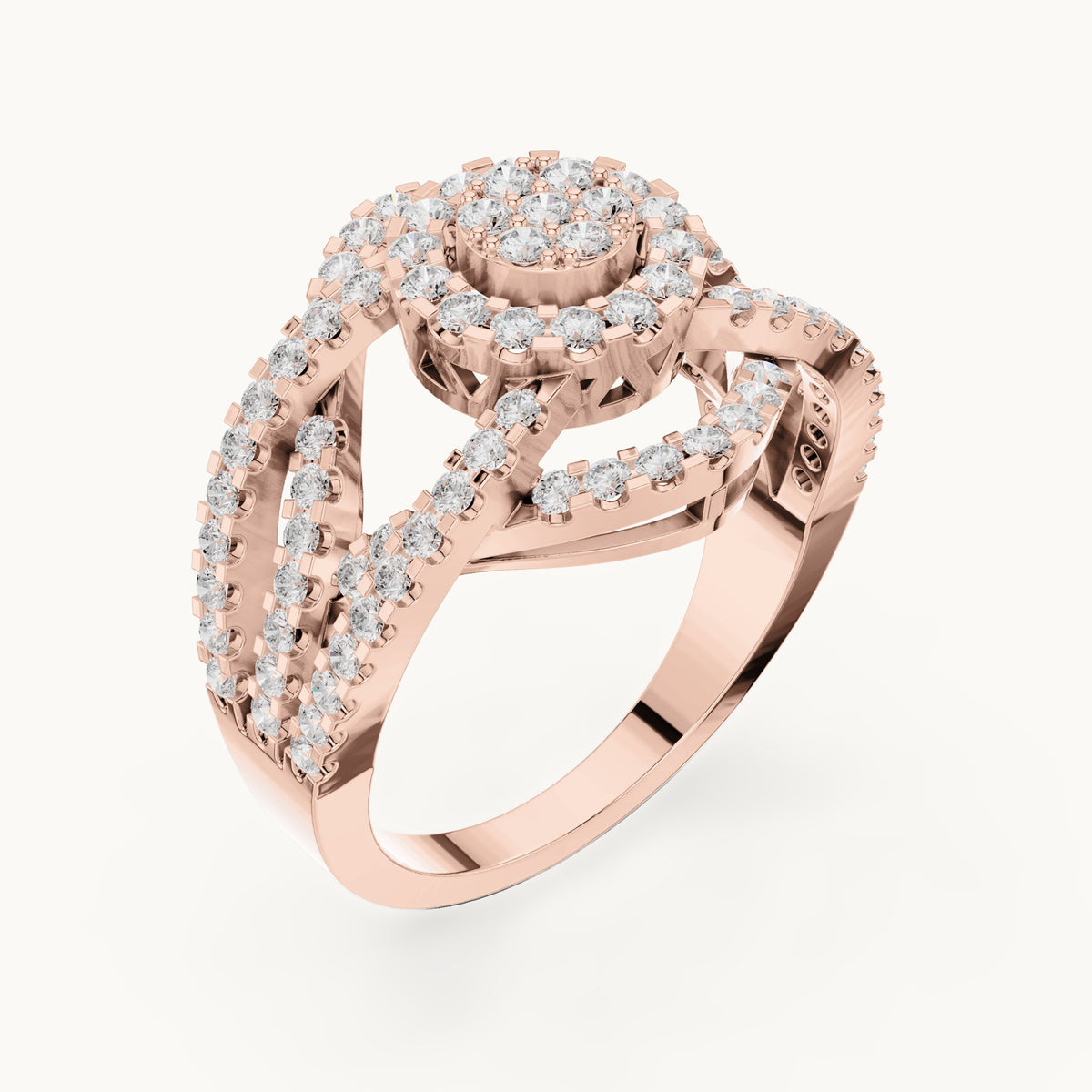 Round lab-grown diamond cluster halo ring with open split shank in rose gold, 1.05 CT TW, view 2