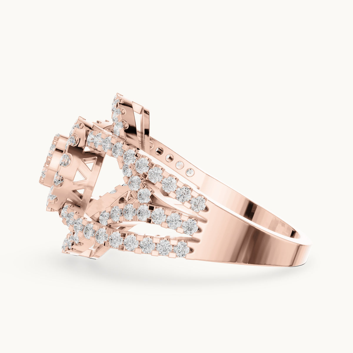 Round lab-grown diamond cluster halo ring with open split shank in rose gold, 1.05 CT TW, view 3