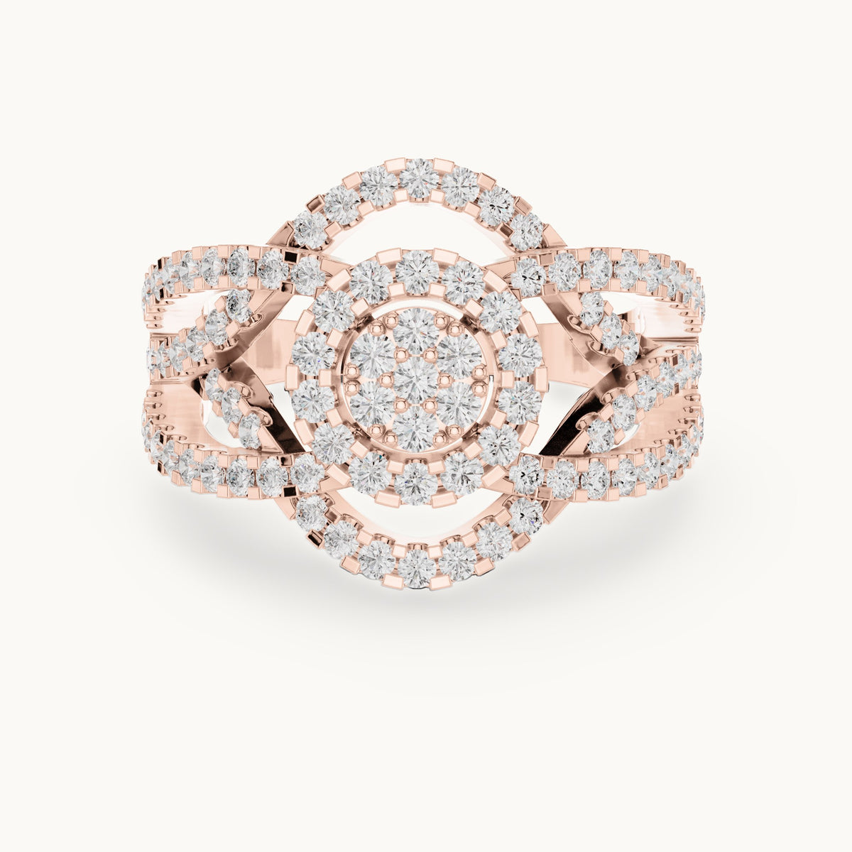 Round lab-grown diamond cluster halo ring with open split shank in rose gold, 1.05 CT TW, view 4