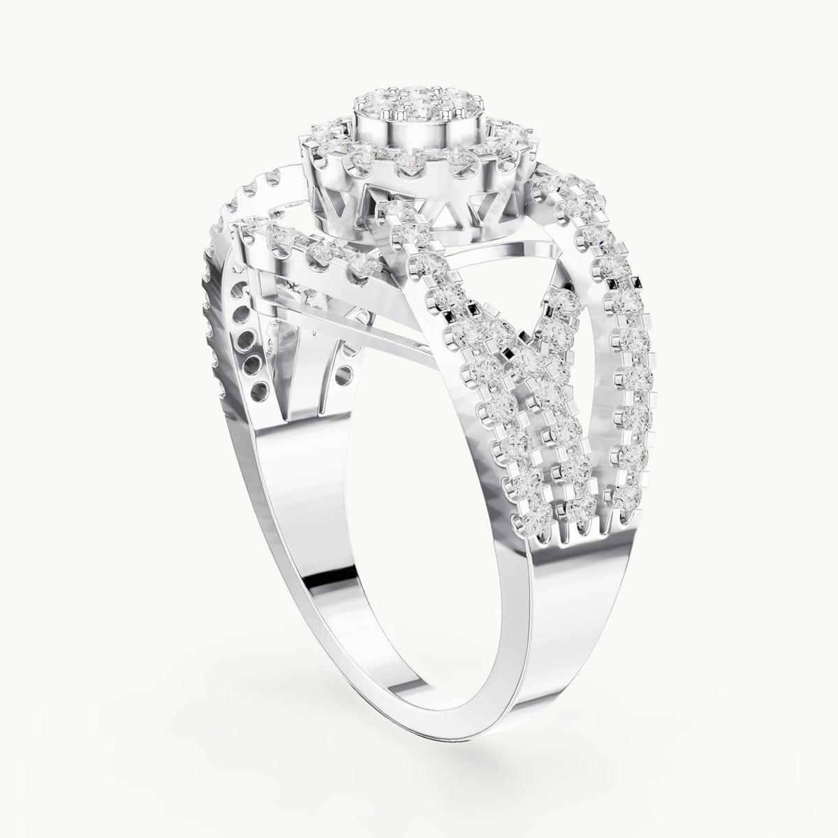 Round lab-grown diamond cluster halo ring with open split shank in white gold, 1.05 CT TW, view 1