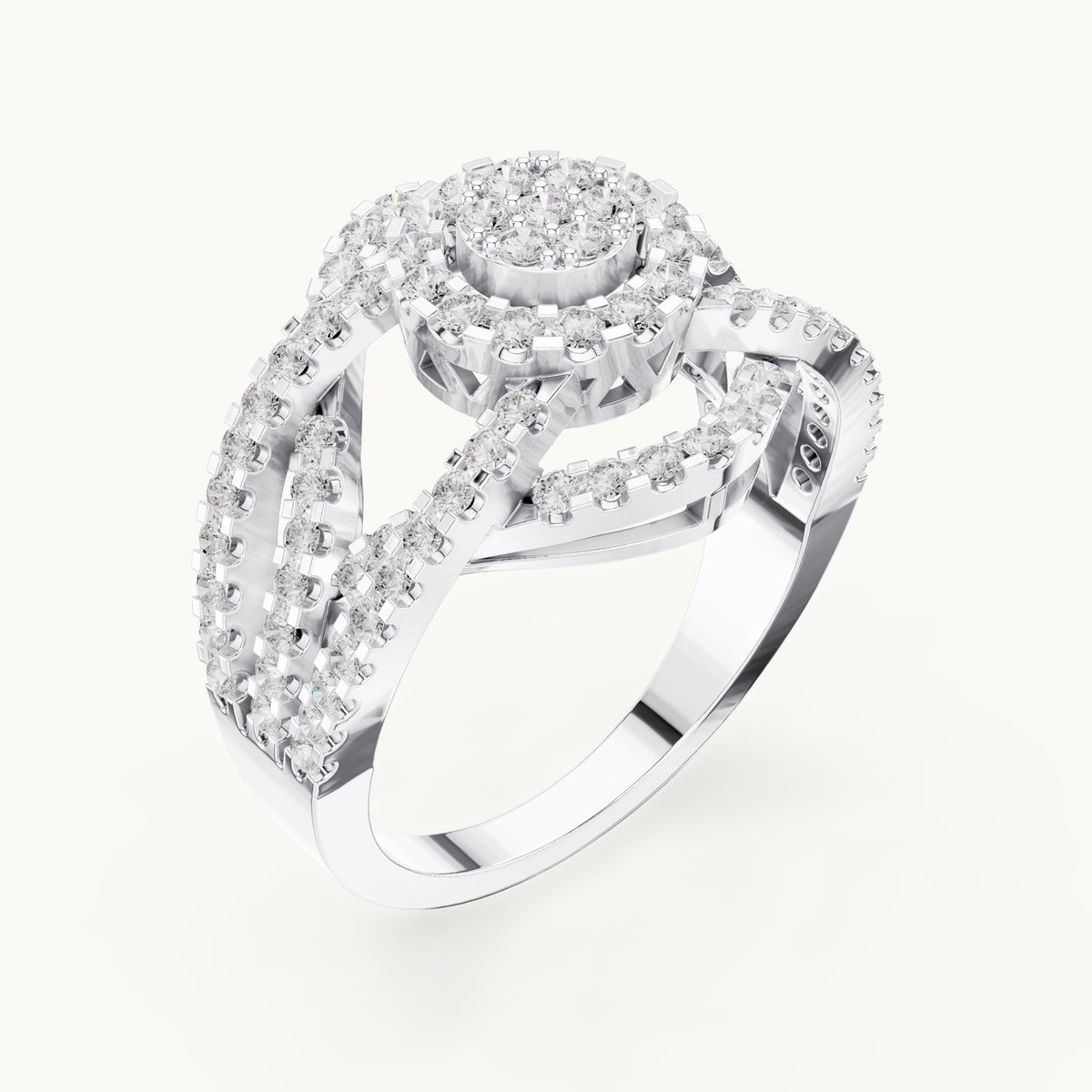Round lab-grown diamond cluster halo ring with open split shank in white gold, 1.05 CT TW, view 2