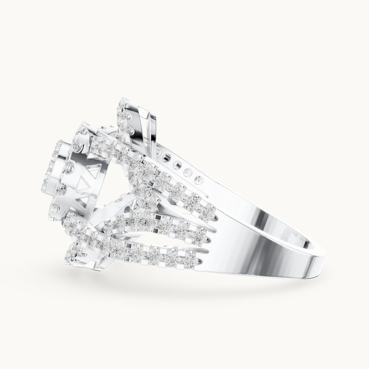 Round lab-grown diamond cluster halo ring with open split shank in white gold, 1.05 CT TW, view 3