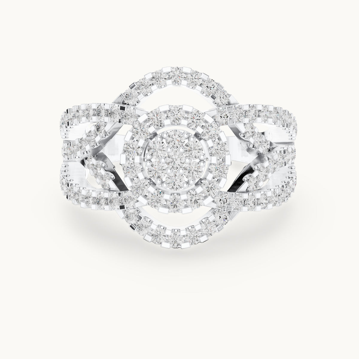 Round lab-grown diamond cluster halo ring with open split shank in white gold, 1.05 CT TW, view 4