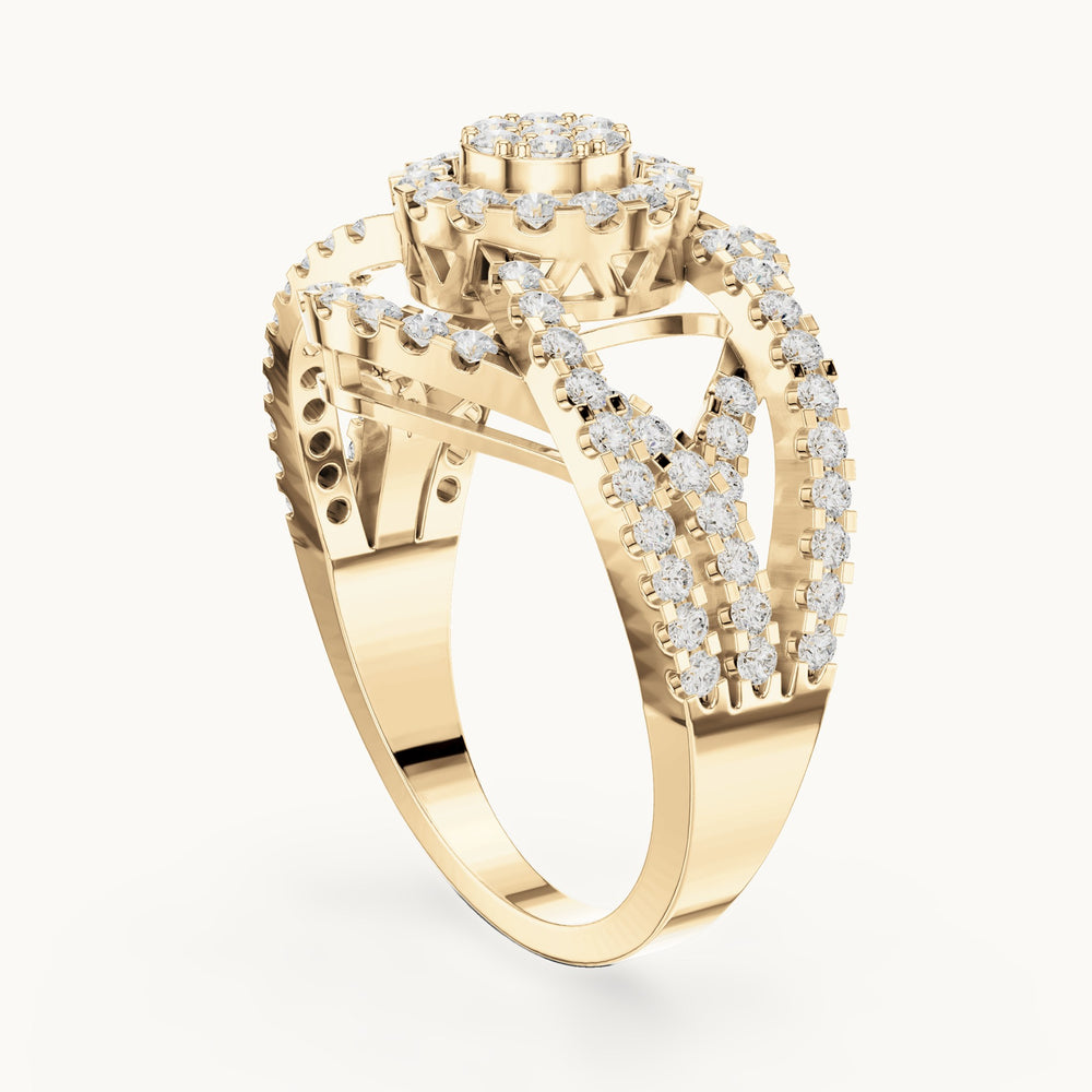 Round lab-grown diamond cluster halo ring with open split shank in yellow gold, 1.05 CT TW, view 1