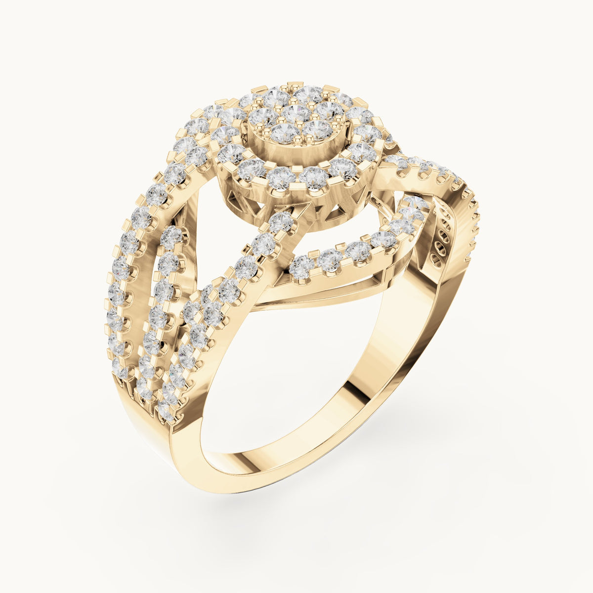 Round lab-grown diamond cluster halo ring with open split shank in yellow gold, 1.05 CT TW, view 2